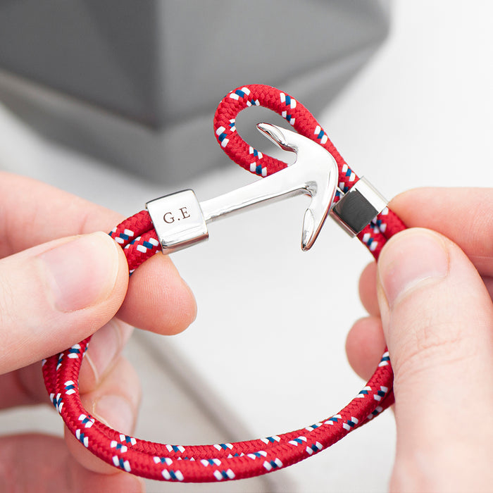 Personalised Men's Red Rope Nautical Anchor Bracelet