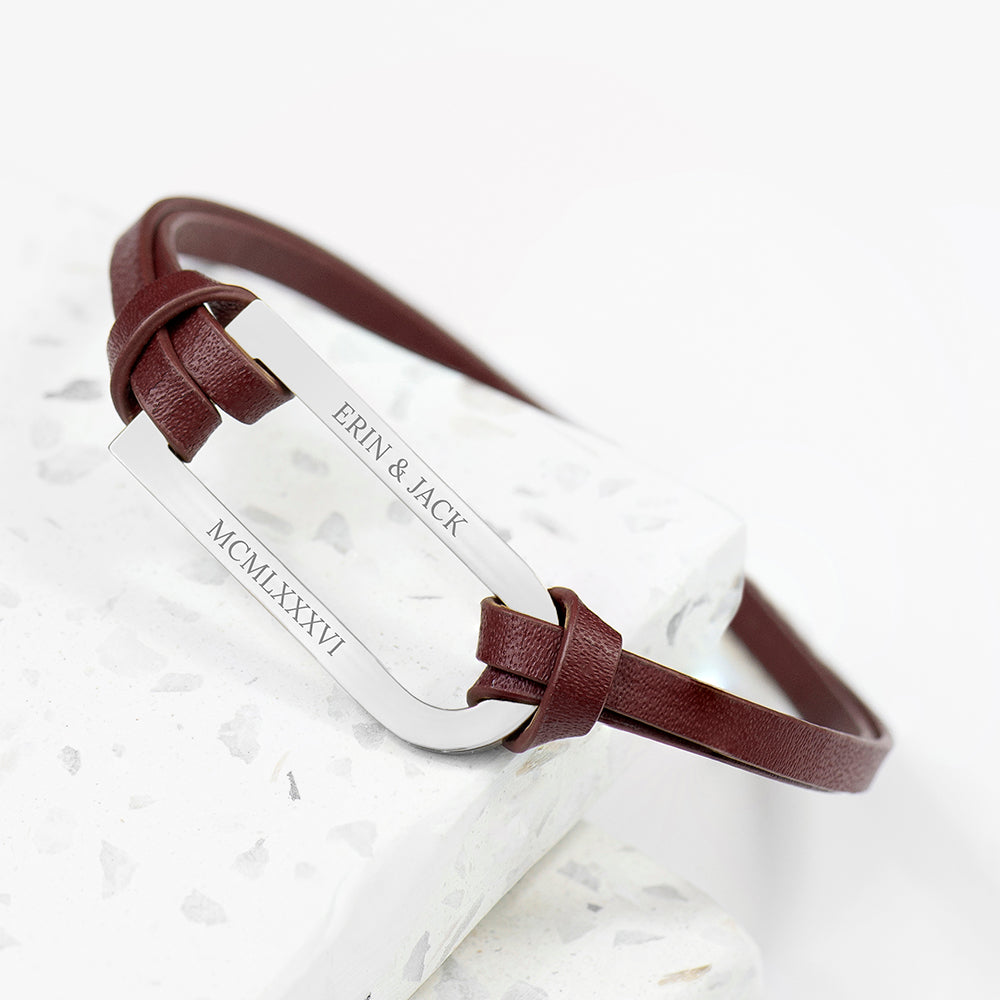 Personalised Men's Shoreditch Silver Bar Brown Leather Bracelet