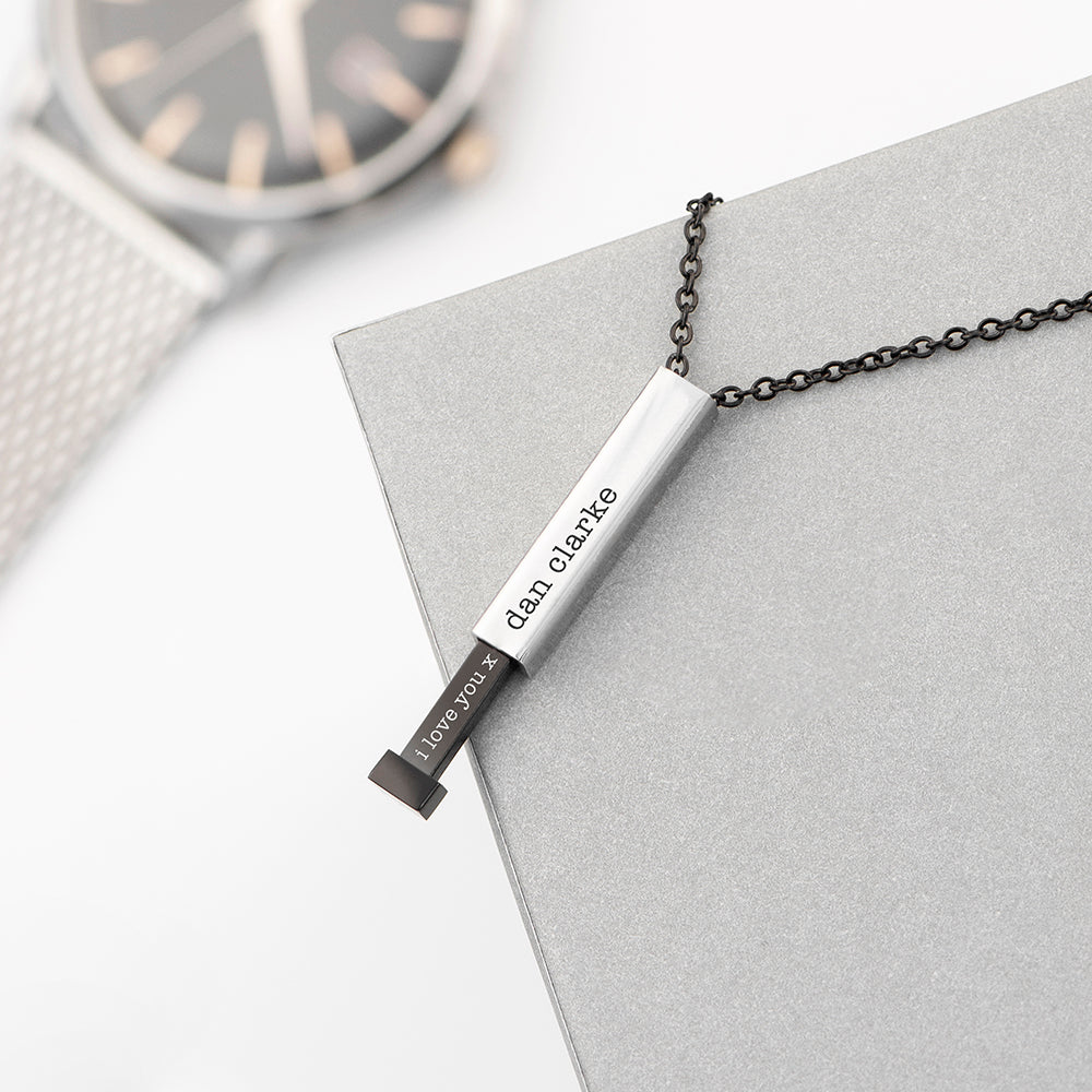 Personalised Black & Silver Square Hidden Message Men's Necklace