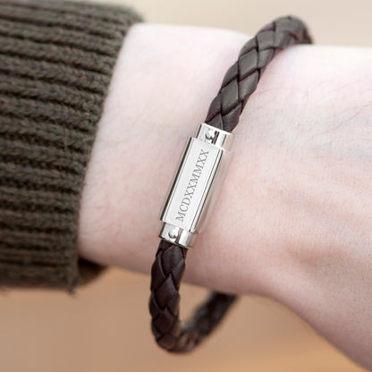 Personalised Men's Roman Numerals Luxury Brown Leather Bracelet