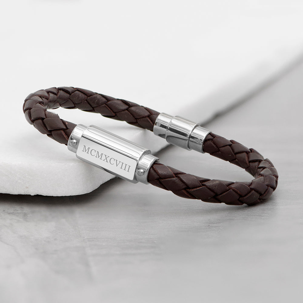 Personalised Men's Roman Numerals Luxury Brown Leather Bracelet