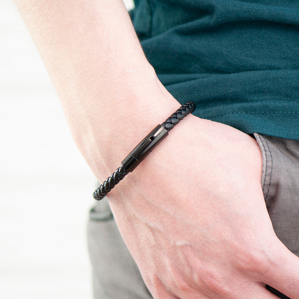 Personalised Men's Woven Black Leather Bracelet