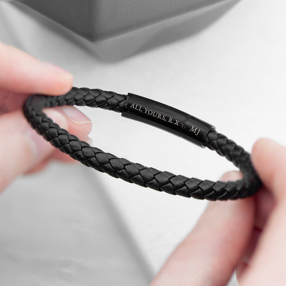 Personalised Men's Woven Black Leather Bracelet