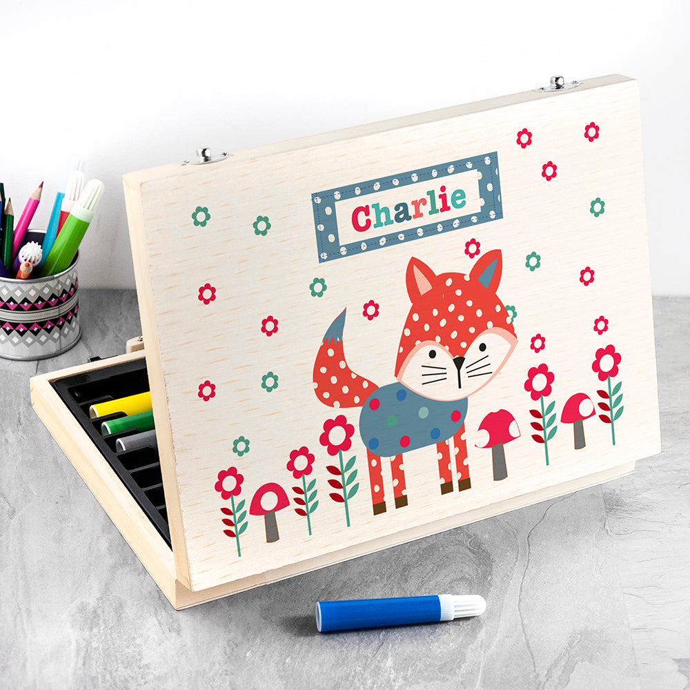 Personalised Kid’s Little Fox Wooden Colouring Set