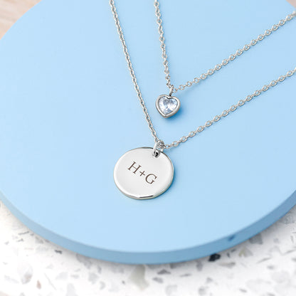 Personalised Layered Crystal Heart and Disc Necklace