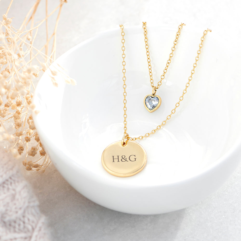 Personalised Layered Crystal Heart and Disc Necklace