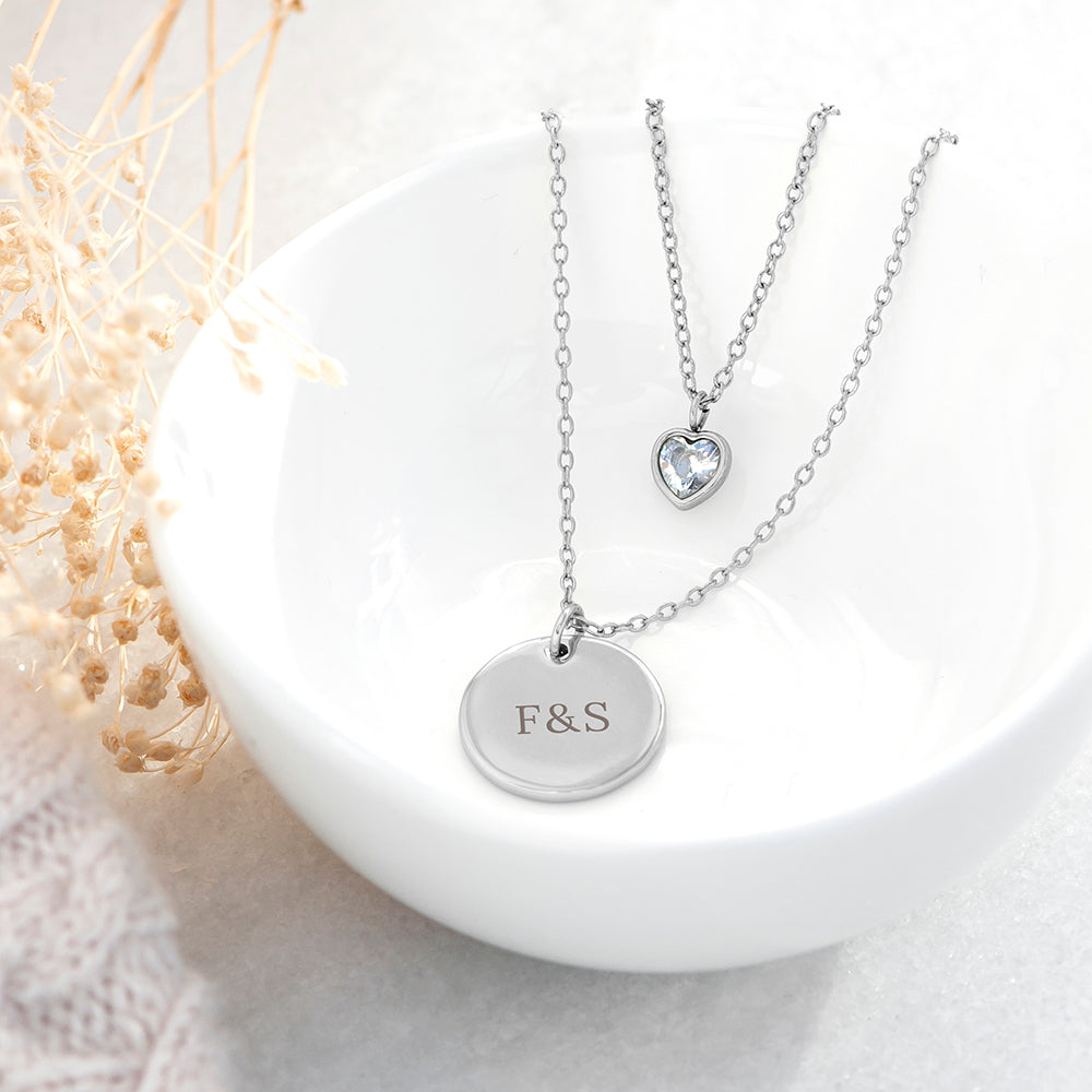 Personalised Layered Crystal Heart and Disc Necklace