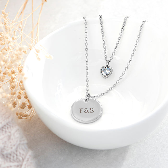 Personalised Layered Crystal Heart and Disc Necklace