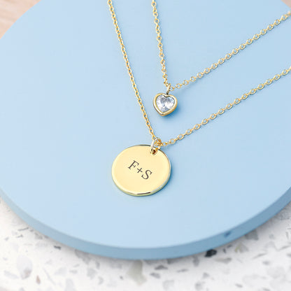 Personalised Layered Crystal Heart and Disc Necklace