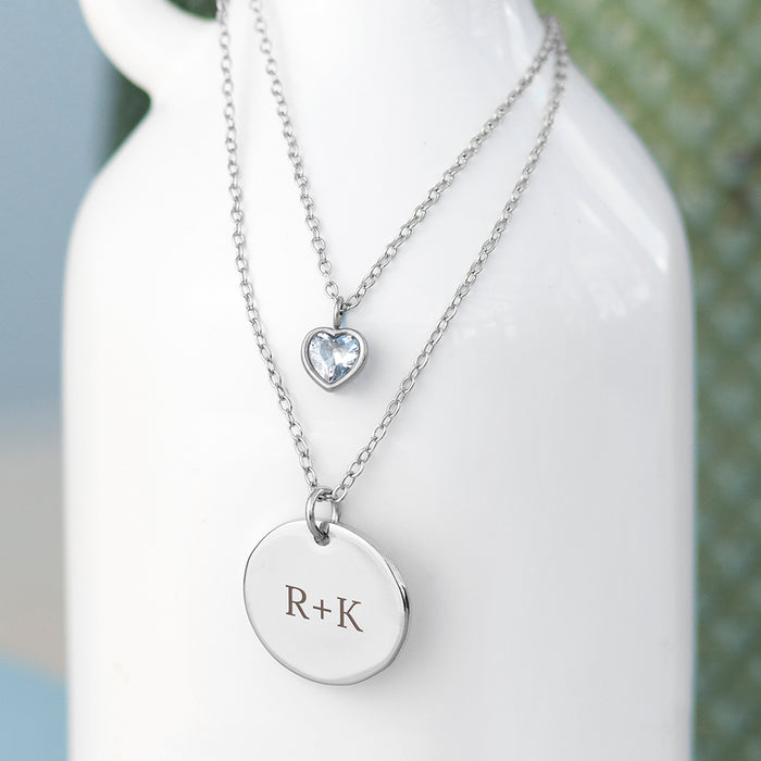 Personalised Layered Crystal Heart and Disc Necklace