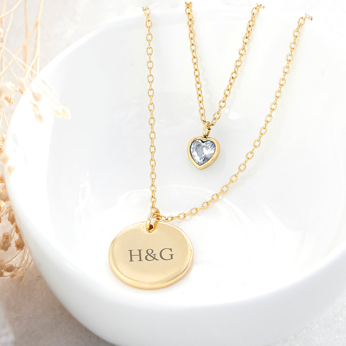 Personalised Layered Crystal Heart and Disc Necklace