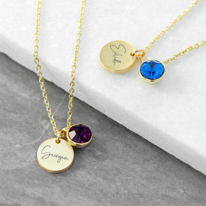 Personalised Gold Birthstone Crystal and Disc Necklace