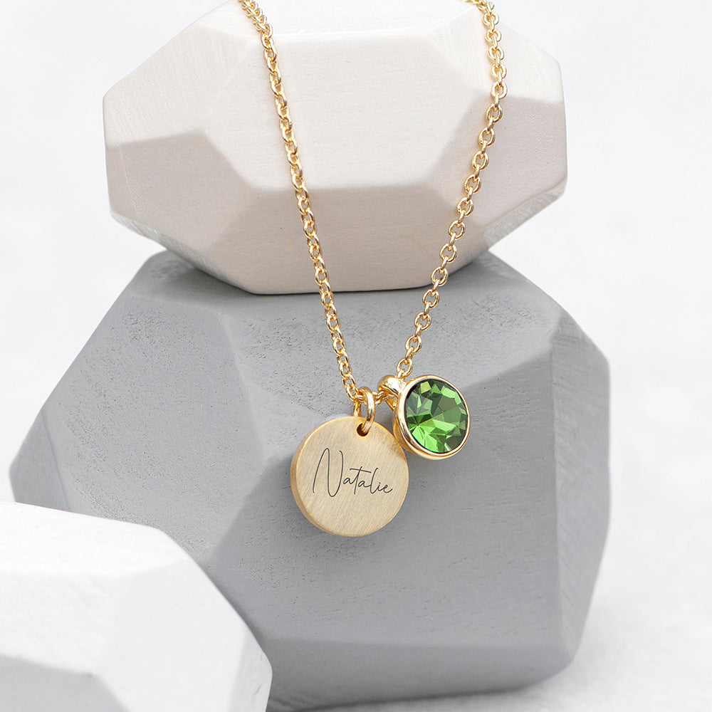 Personalised Gold Birthstone Crystal and Disc Necklace