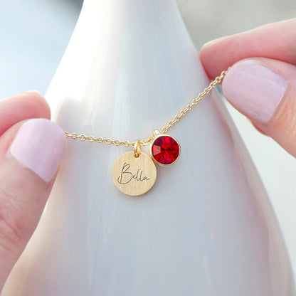 Personalised Gold Birthstone Crystal and Disc Necklace