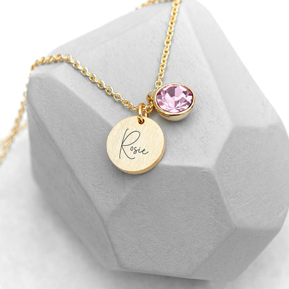 Personalised Gold Birthstone Crystal and Disc Necklace