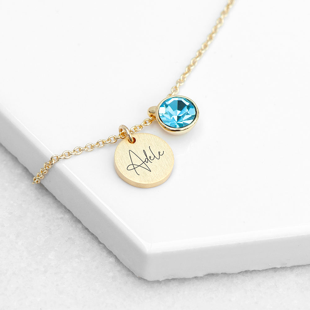 Personalised Gold Birthstone Crystal and Disc Necklace