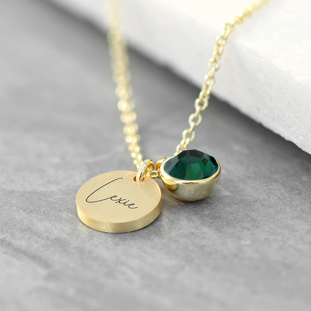 Personalised Gold Birthstone Crystal and Disc Necklace