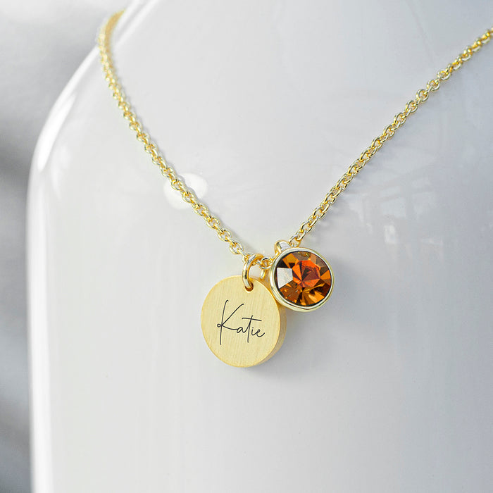 Personalised Gold Birthstone Crystal and Disc Necklace