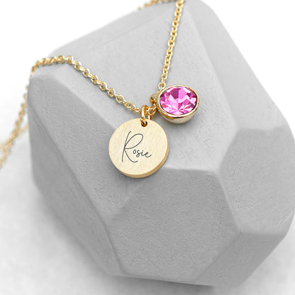 Personalised Gold Birthstone Crystal and Disc Necklace