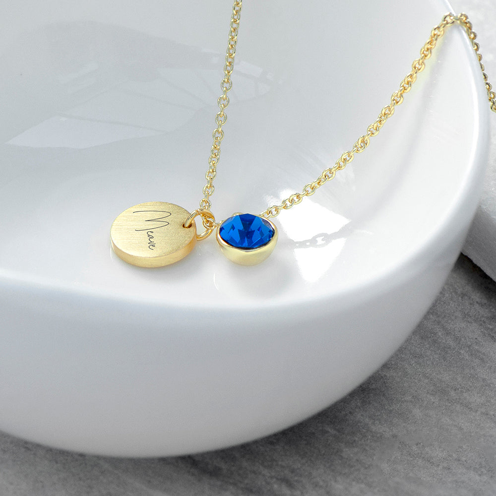 Personalised Gold Birthstone Crystal and Disc Necklace