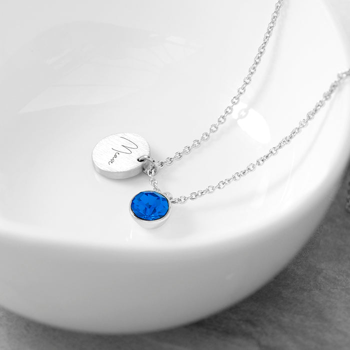 Personalised Silver Birthstone Crystal and Disc Necklace