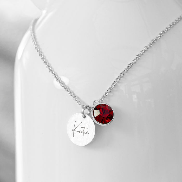 Personalised Silver Birthstone Crystal and Disc Necklace