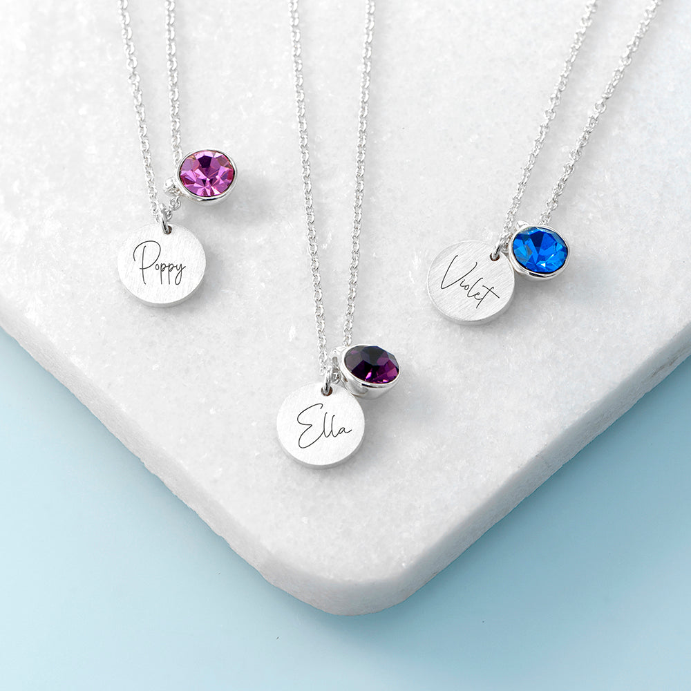 Personalised Silver Birthstone Crystal and Disc Necklace