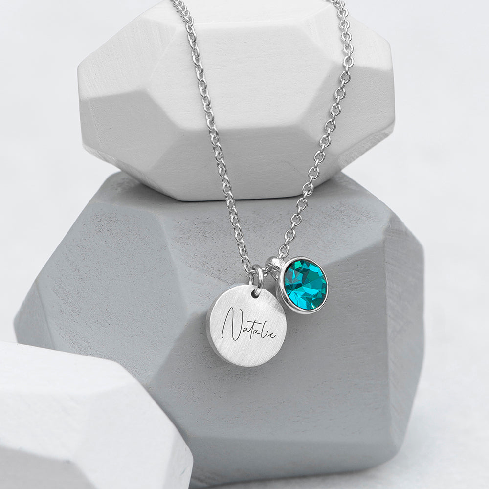 Personalised Silver Birthstone Crystal and Disc Necklace