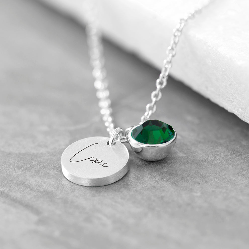 Personalised Silver Birthstone Crystal and Disc Necklace