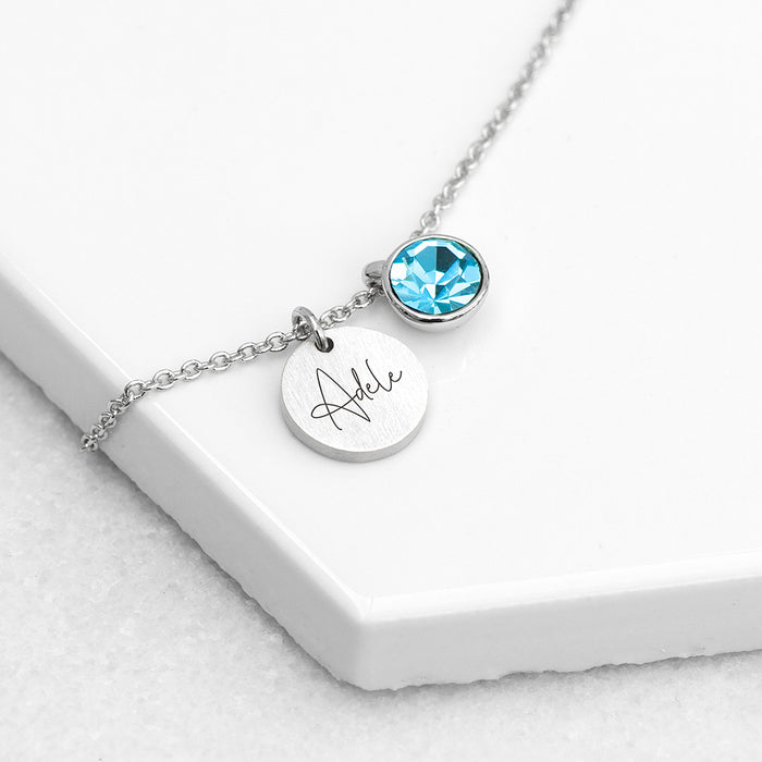 Personalised Silver Birthstone Crystal and Disc Necklace