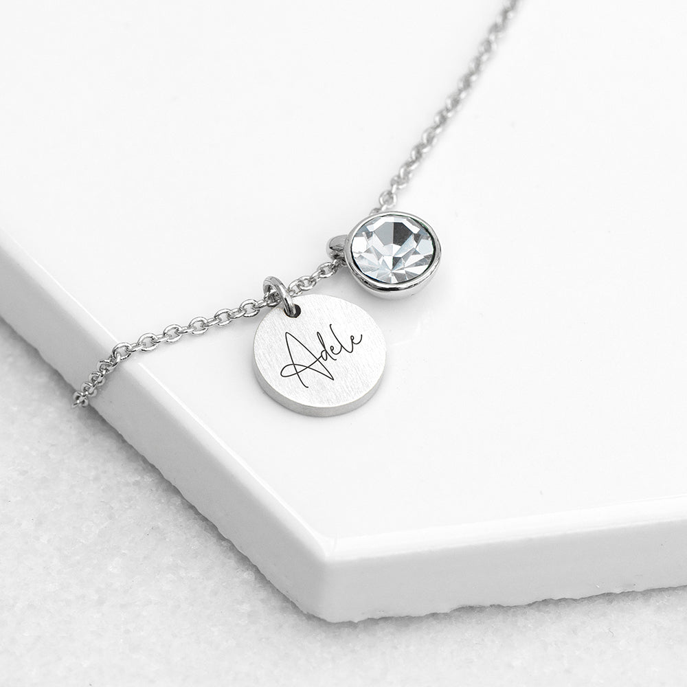 Personalised Silver Birthstone Crystal and Disc Necklace