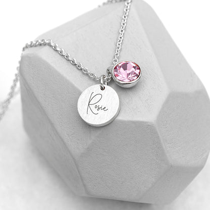 Personalised Silver Birthstone Crystal and Disc Necklace