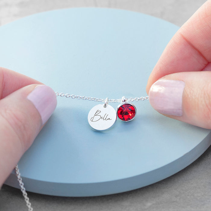 Personalised Silver Birthstone Crystal and Disc Necklace