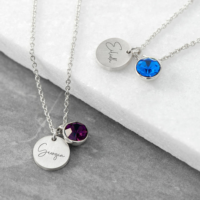 Personalised Silver Birthstone Crystal and Disc Necklace