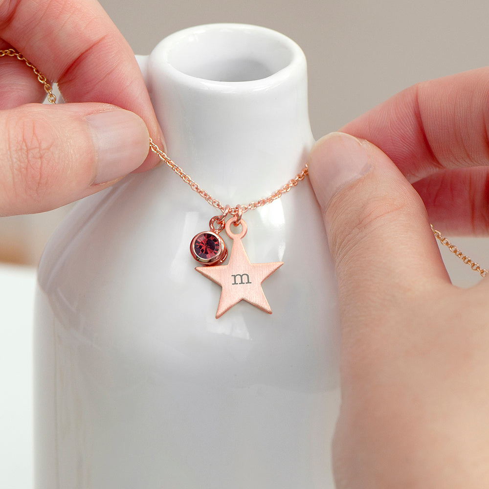 Personalised Rose Gold Star with Birthstone Crystal Necklace