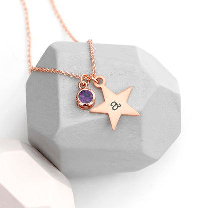 Personalised Rose Gold Star with Birthstone Crystal Necklace