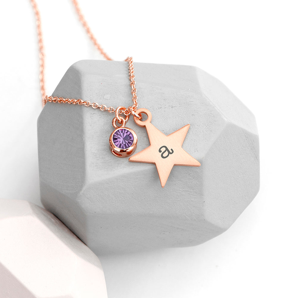 Personalised Rose Gold Star with Birthstone Crystal Necklace