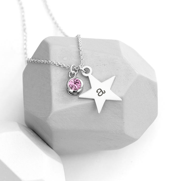 Personalised Silver Star with Birthstone Crystal Necklace