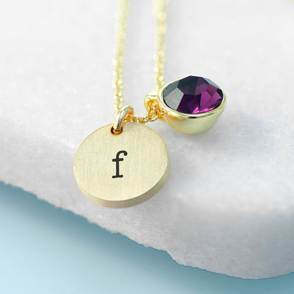 Personalised Monogram Gold Birthstone Crystal and Disc Necklace