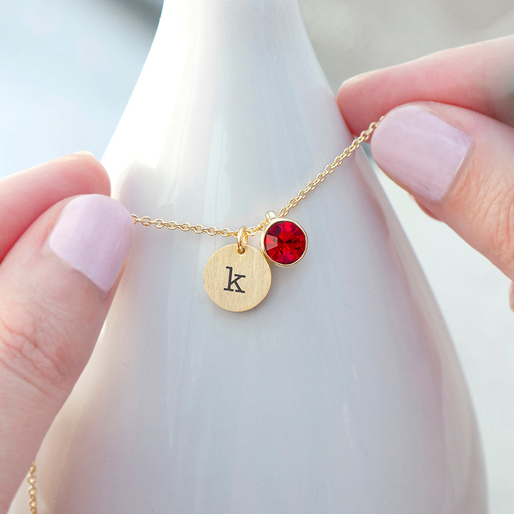 Personalised Monogram Gold Birthstone Crystal and Disc Necklace