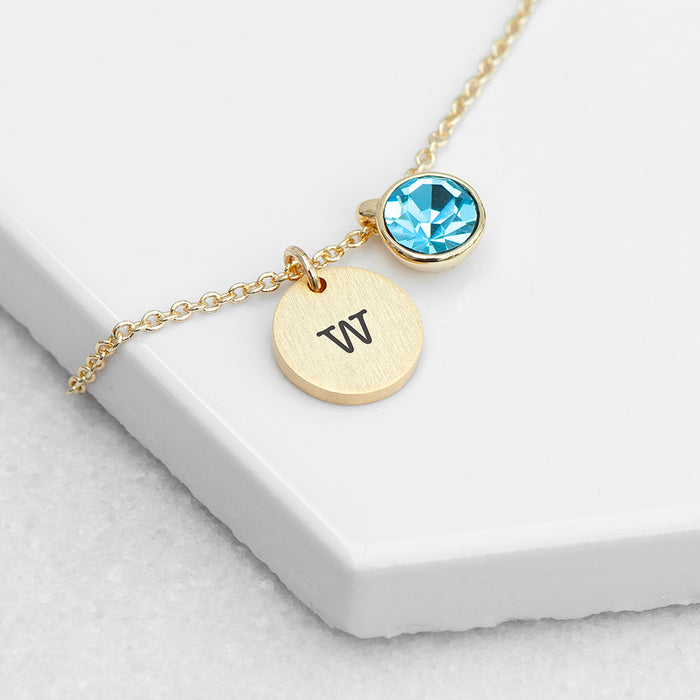 Personalised Monogram Gold Birthstone Crystal and Disc Necklace