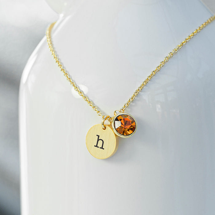 Personalised Monogram Gold Birthstone Crystal and Disc Necklace