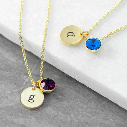 Personalised Monogram Gold Birthstone Crystal and Disc Necklace