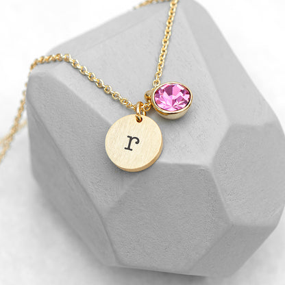 Personalised Monogram Gold Birthstone Crystal and Disc Necklace