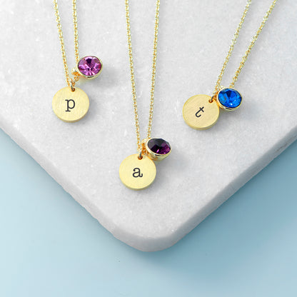 Personalised Monogram Gold Birthstone Crystal and Disc Necklace