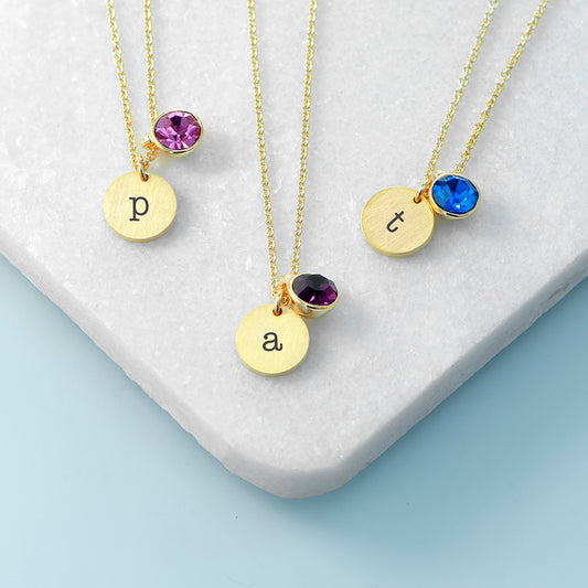 Personalised Monogram Gold Birthstone Crystal and Disc Necklace