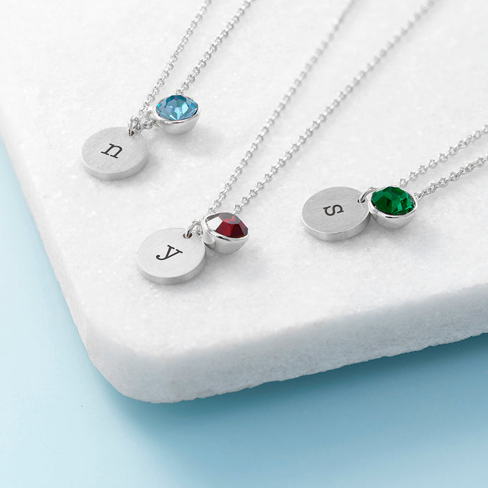 Personalised Monogram Silver Birthstone Crystal and Disc Necklace