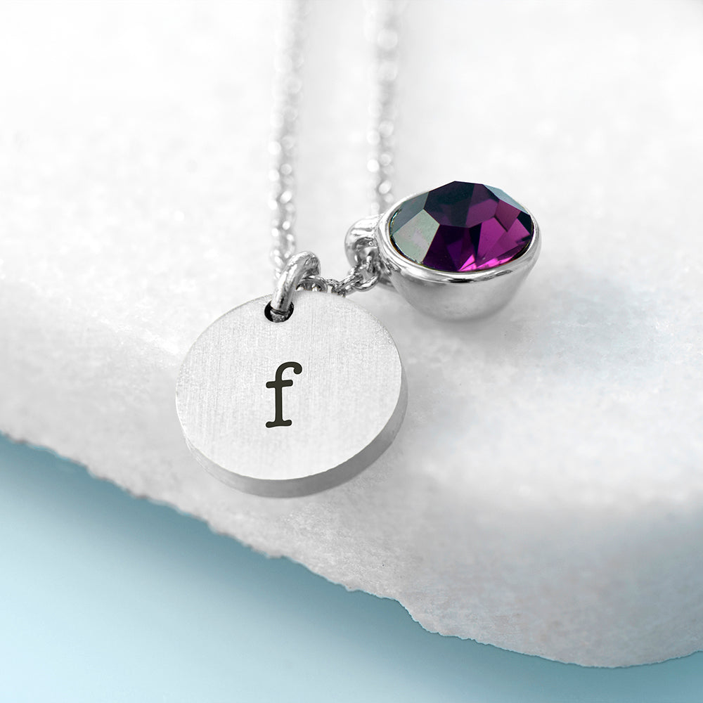 Personalised Monogram Silver Birthstone Crystal and Disc Necklace