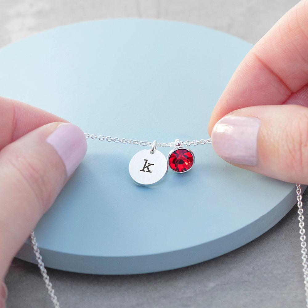 Personalised Monogram Silver Birthstone Crystal and Disc Necklace