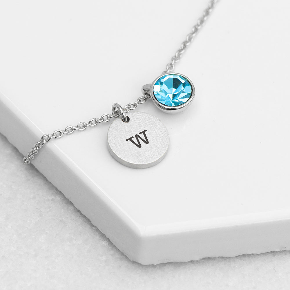 Personalised Monogram Silver Birthstone Crystal and Disc Necklace